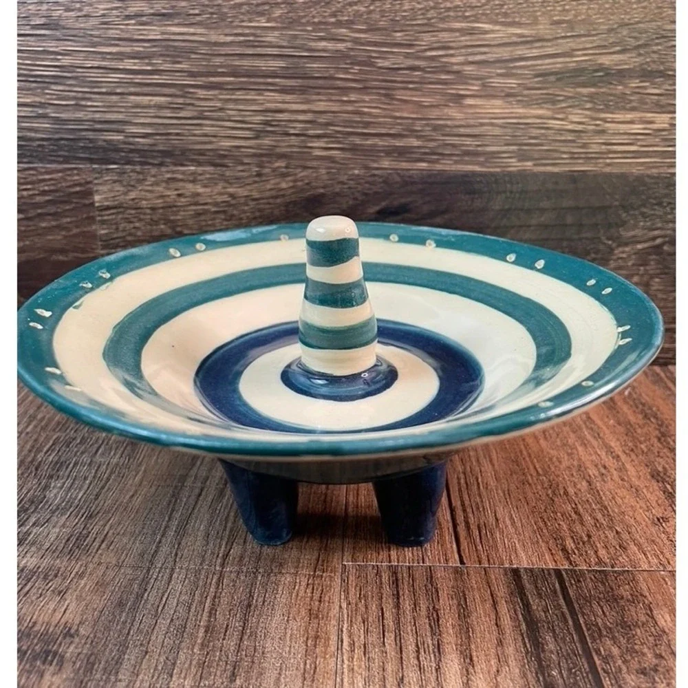 Yes Mam Studio Pottery Apple Baker Teal Navy Striped Tripod Footed Ceramic